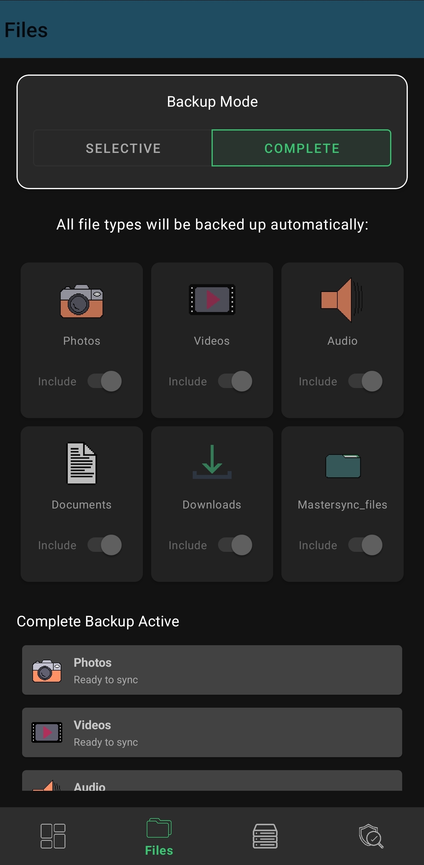 Files management screen